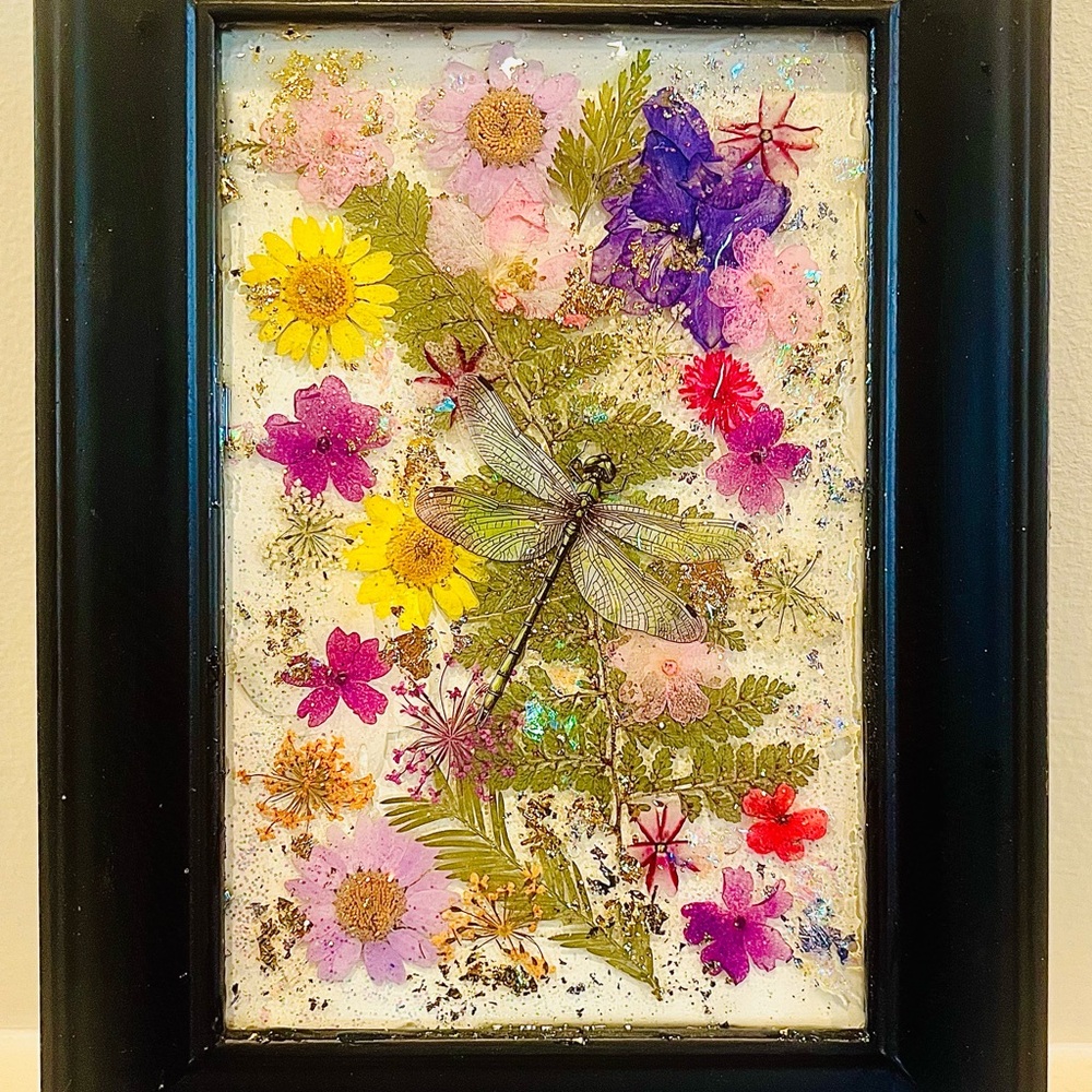 Floral Dragonfly Art in Black Frame